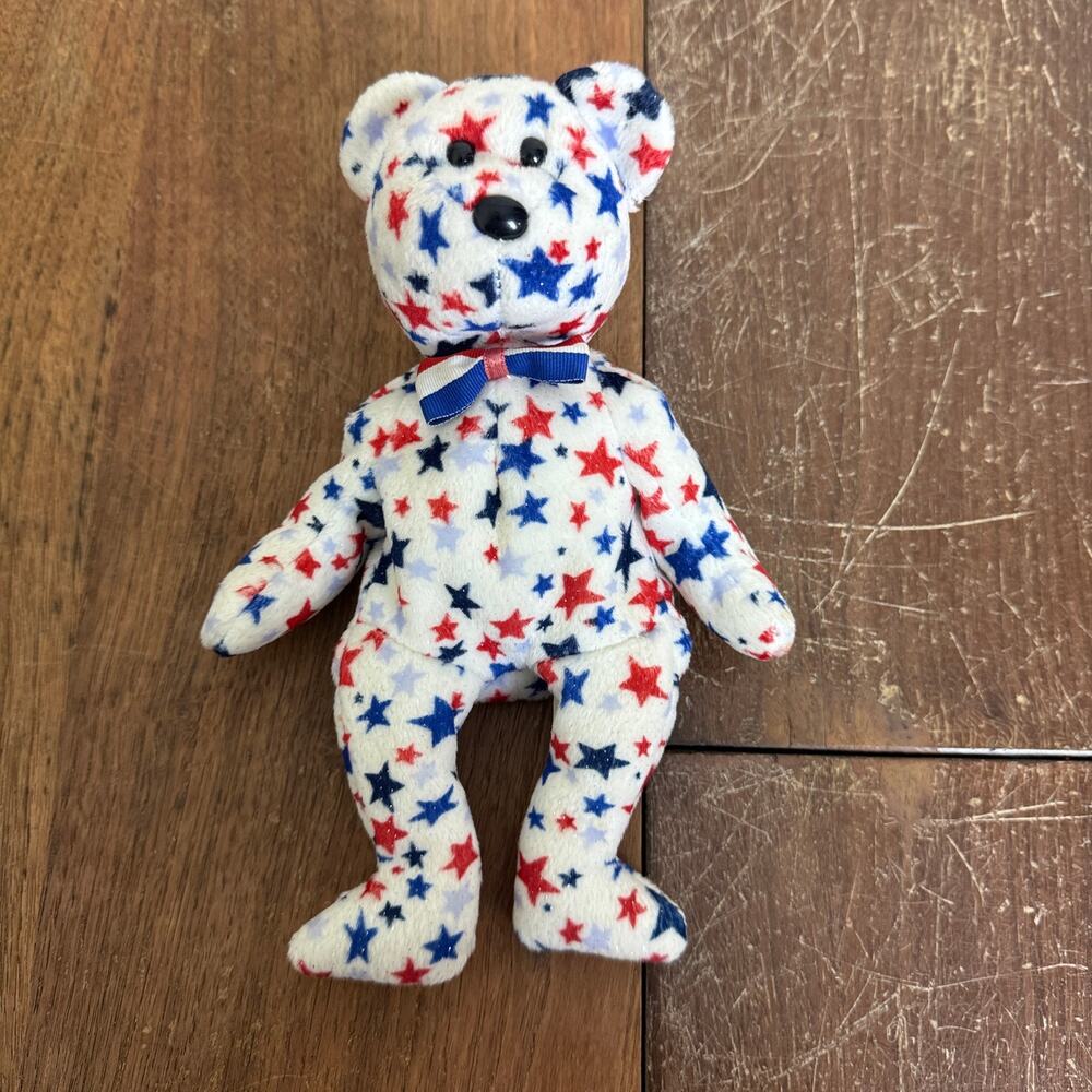 TY Beanie Baby Retired Red White & Blue White Teddy Bear with Stars‎